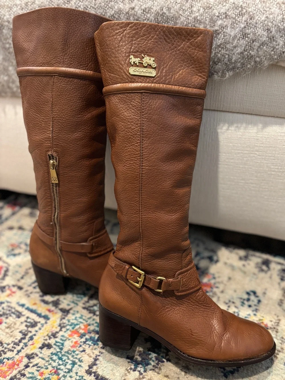 Coach Sapphire Chestnut Brown Leather Knee Boots with Gold Hardware. Size 9B